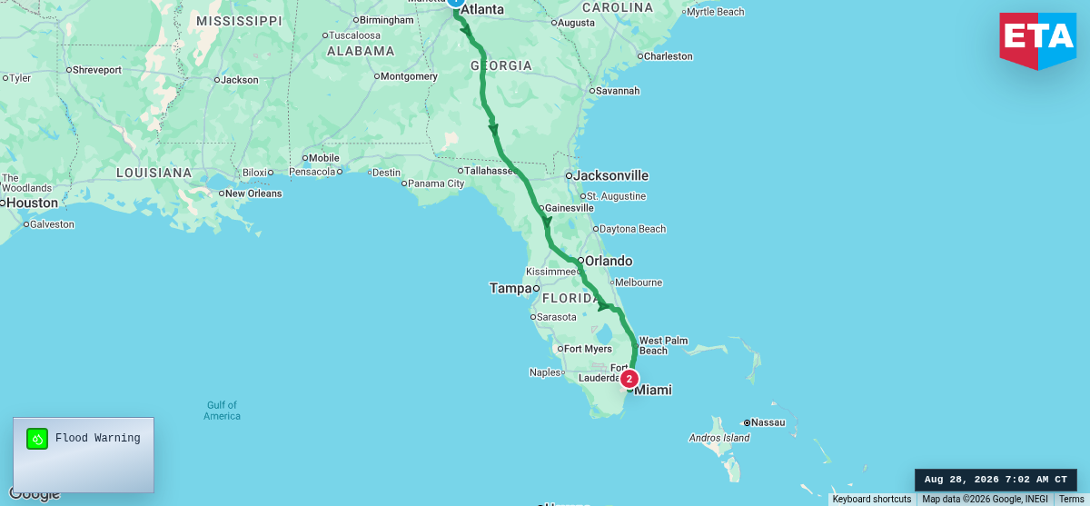 Route map for Atlanta, GA → Miami, FL