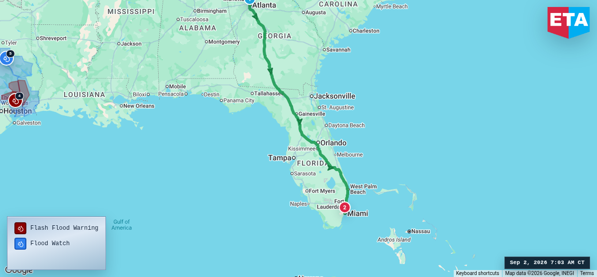 Route map for Atlanta, GA → Miami, FL