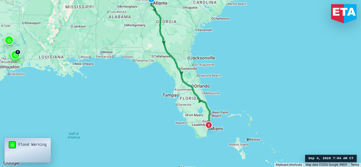 Route map for Atlanta, GA → Miami, FL
