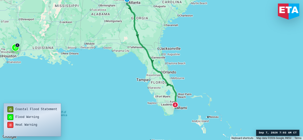 Route map for Atlanta, GA → Miami, FL