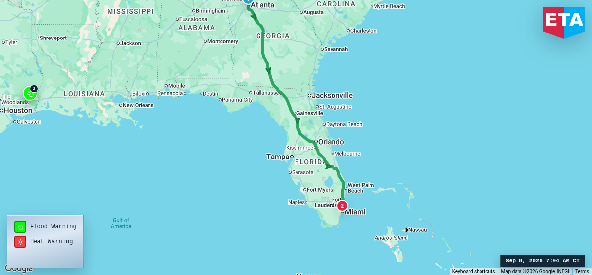 Route map for Atlanta, GA → Miami, FL