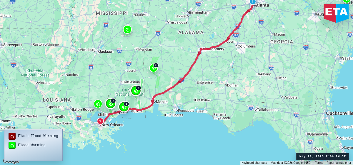 Route map for Atlanta, GA → New Orleans, LA