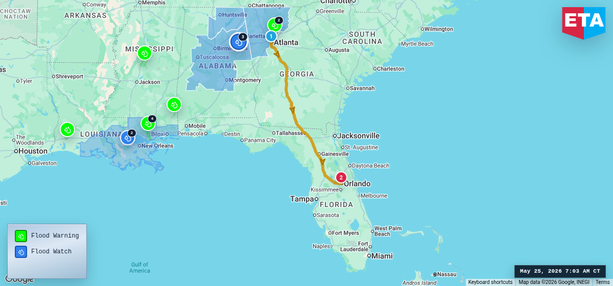 Route map for Atlanta, GA → Orlando, FL