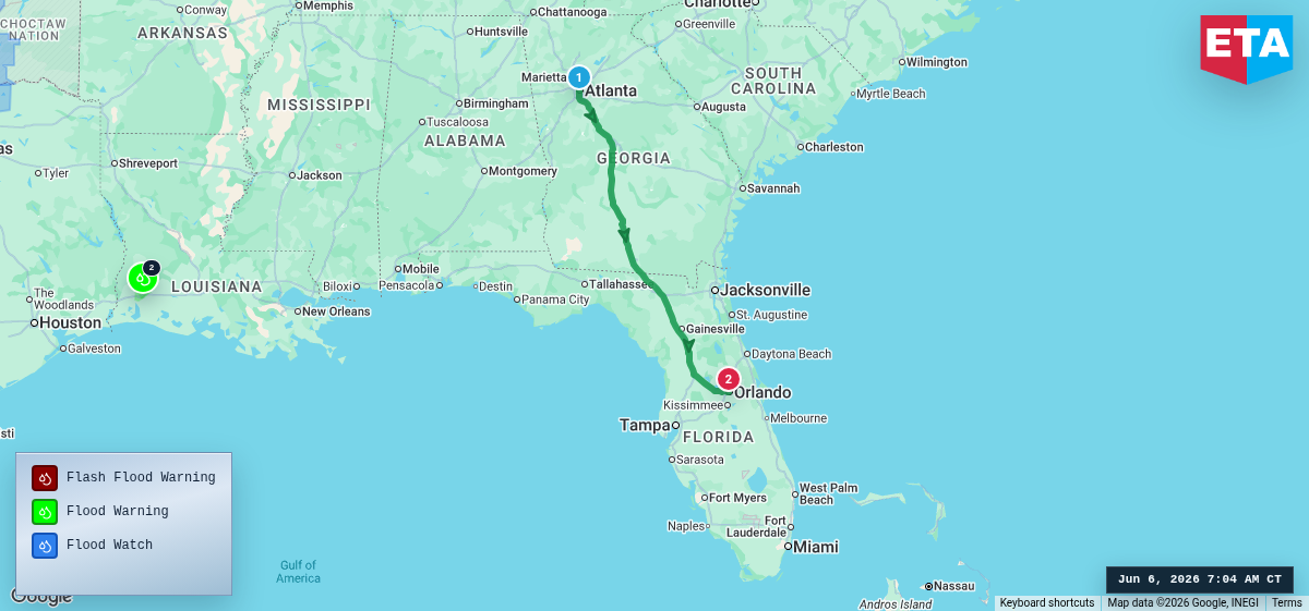 Route map for Atlanta, GA → Orlando, FL