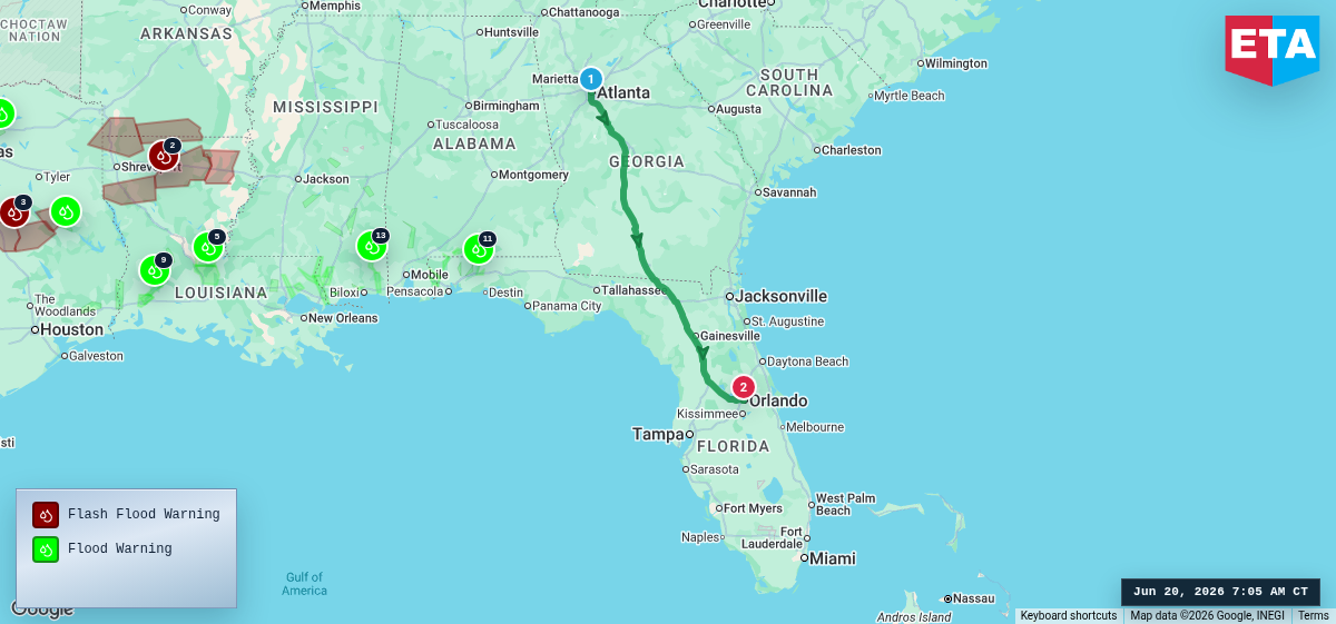 Route map for Atlanta, GA → Orlando, FL