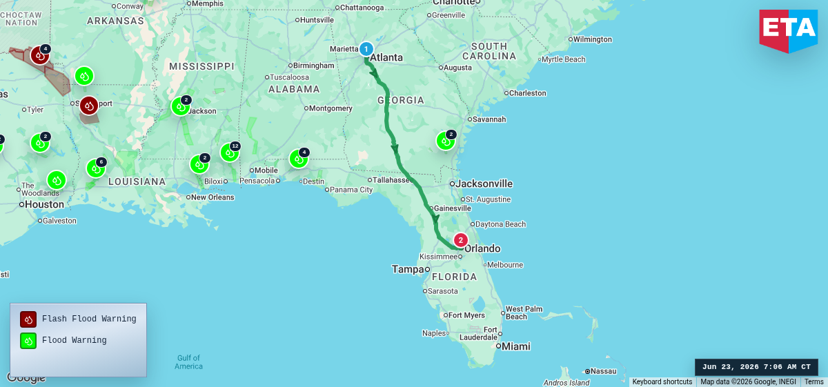 Route map for Atlanta, GA → Orlando, FL