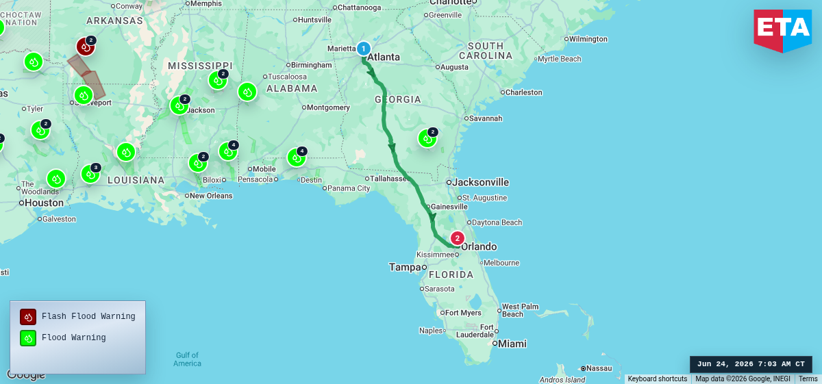 Route map for Atlanta, GA → Orlando, FL