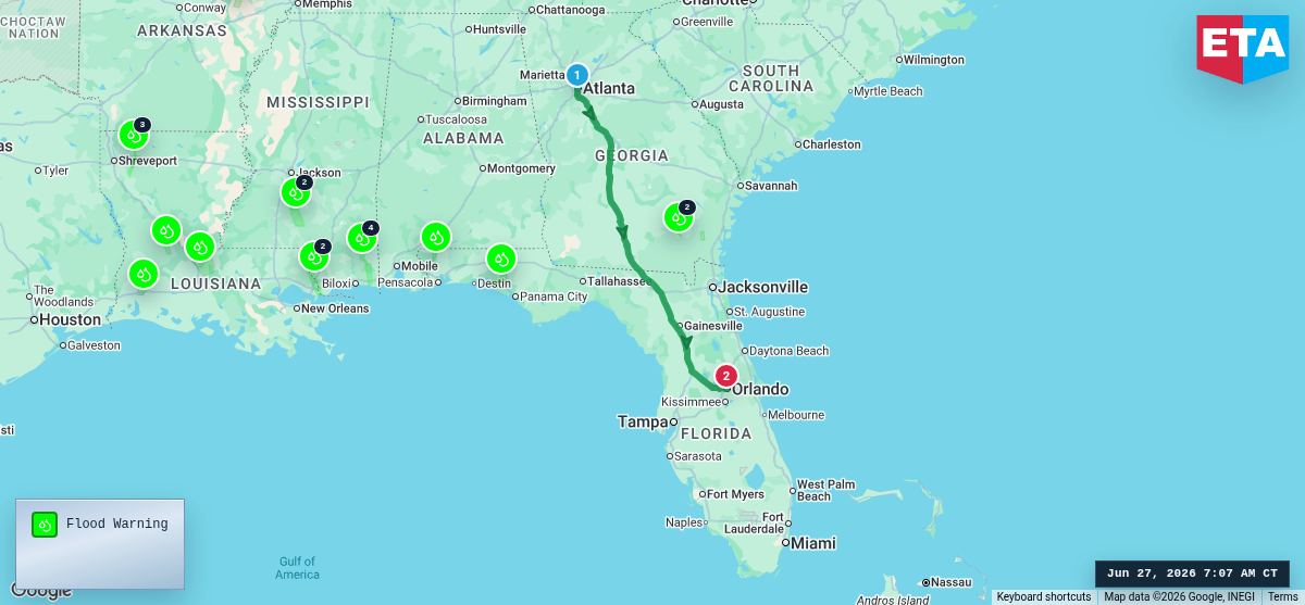 Route map for Atlanta, GA → Orlando, FL