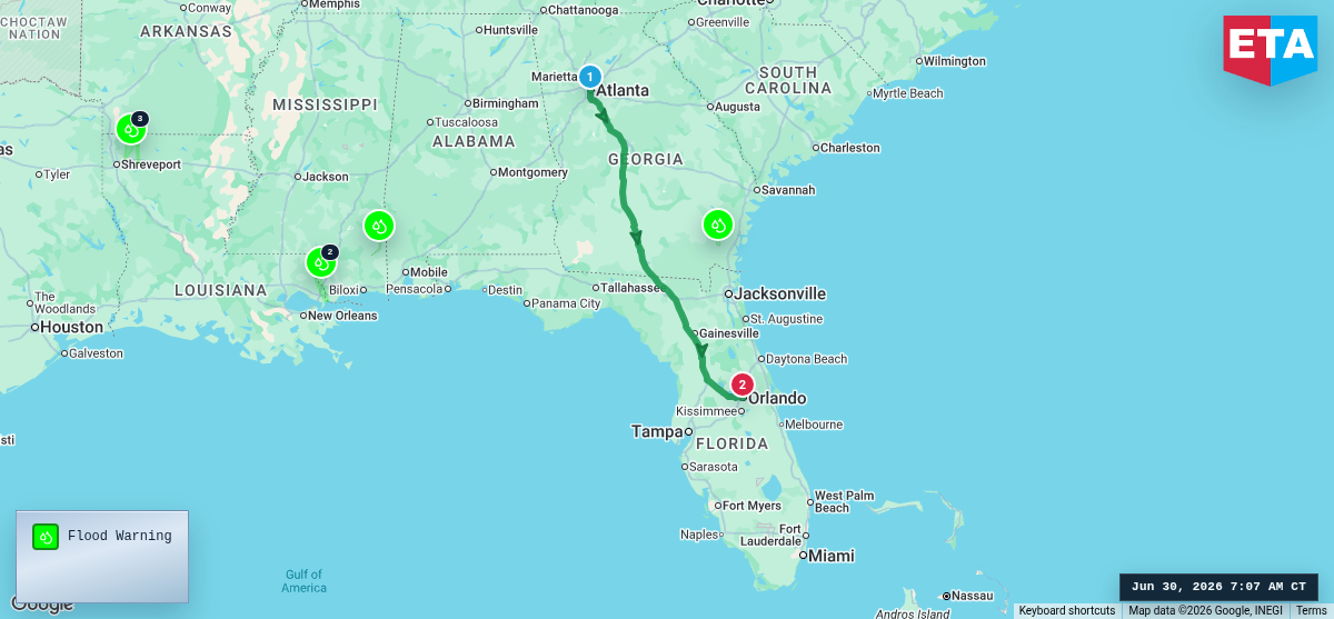 Route map for Atlanta, GA → Orlando, FL