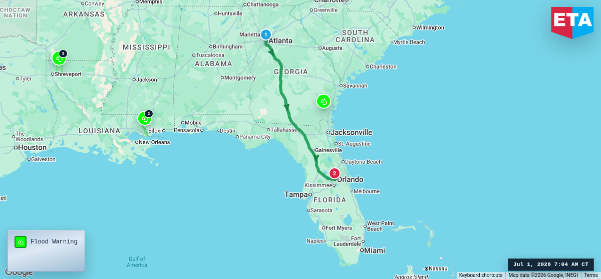 Route map for Atlanta, GA → Orlando, FL
