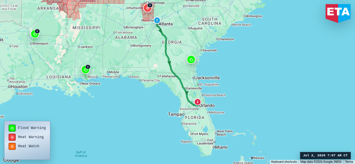 Route map for Atlanta, GA → Orlando, FL