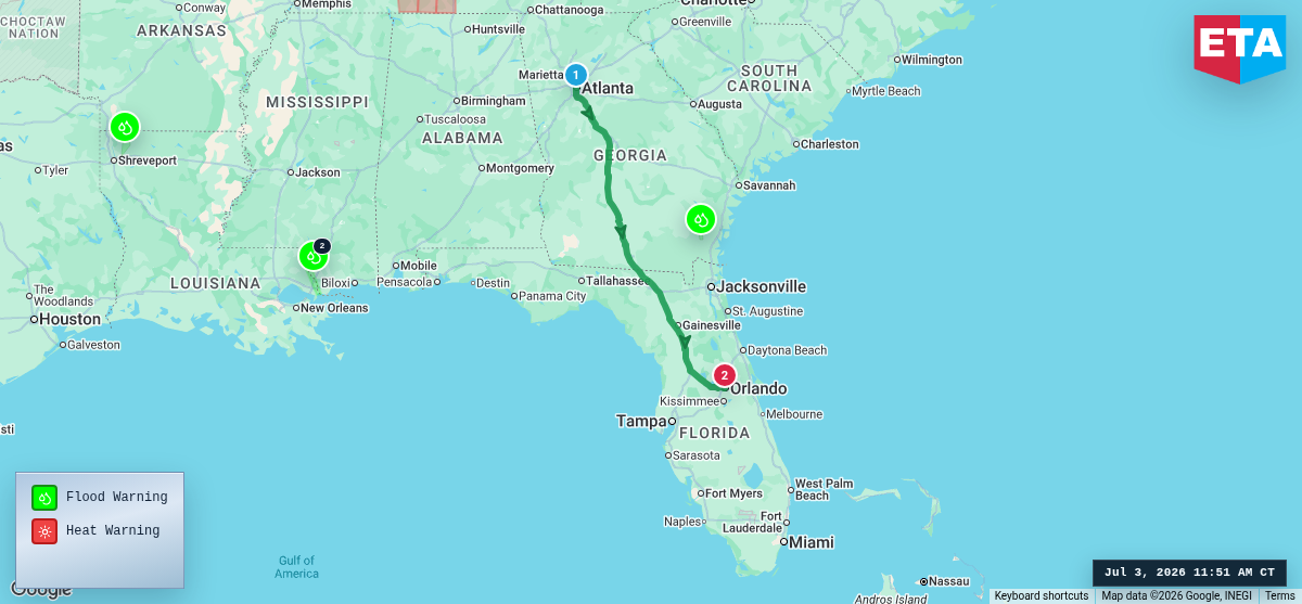 Route map for Atlanta, GA → Orlando, FL