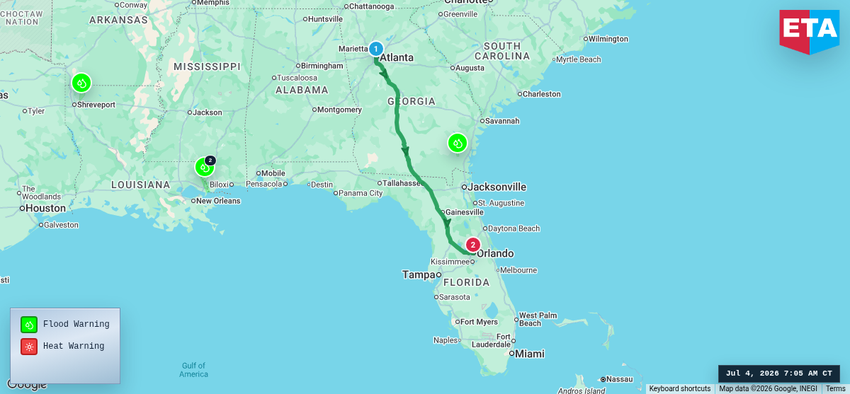 Route map for Atlanta, GA → Orlando, FL