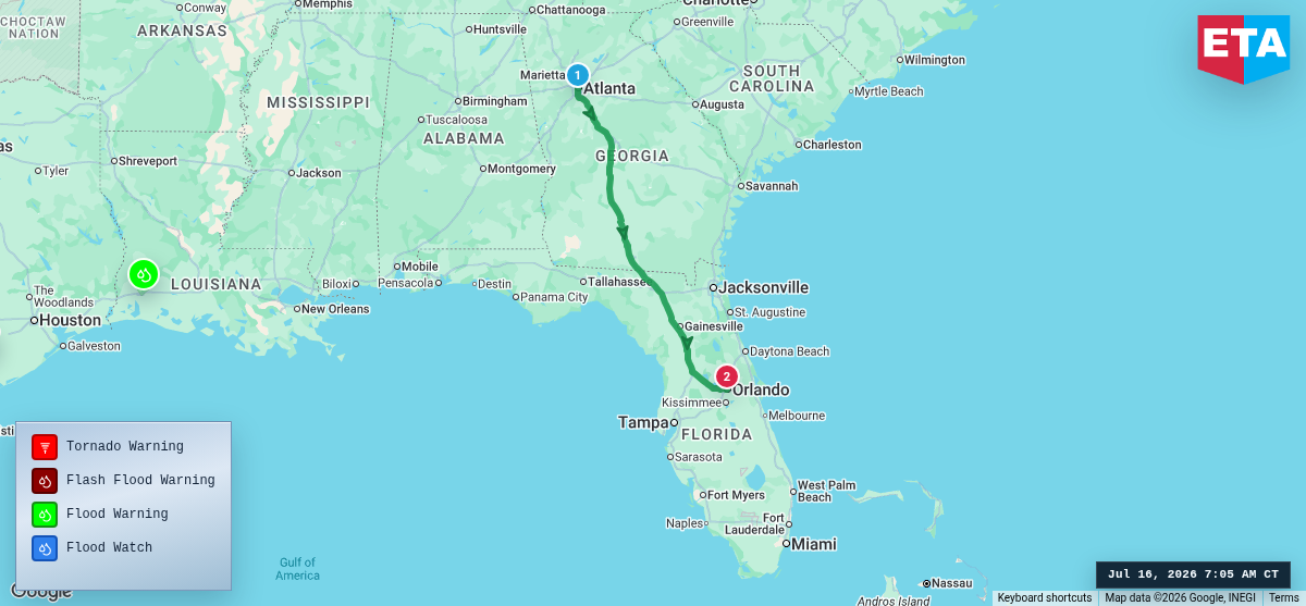 Route map for Atlanta, GA → Orlando, FL