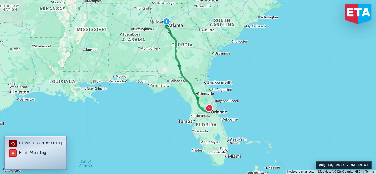 Route map for Atlanta, GA → Orlando, FL