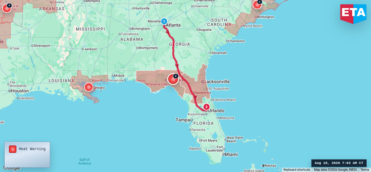 Route map for Atlanta, GA → Orlando, FL
