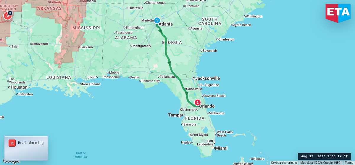 Route map for Atlanta, GA → Orlando, FL