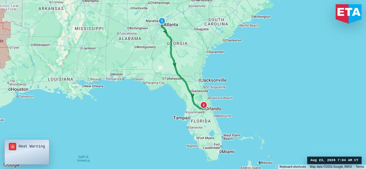 Route map for Atlanta, GA → Orlando, FL