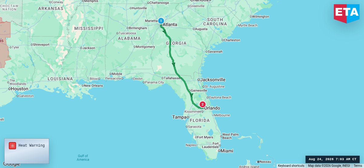 Route map for Atlanta, GA → Orlando, FL