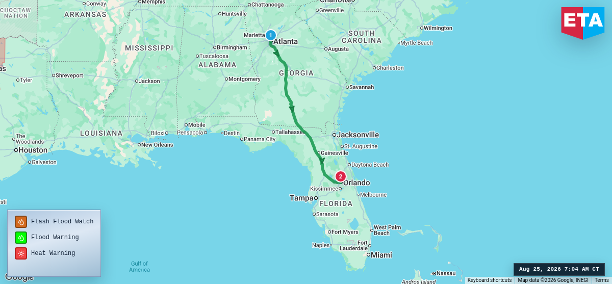 Route map for Atlanta, GA → Orlando, FL