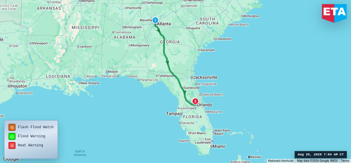 Route map for Atlanta, GA → Orlando, FL