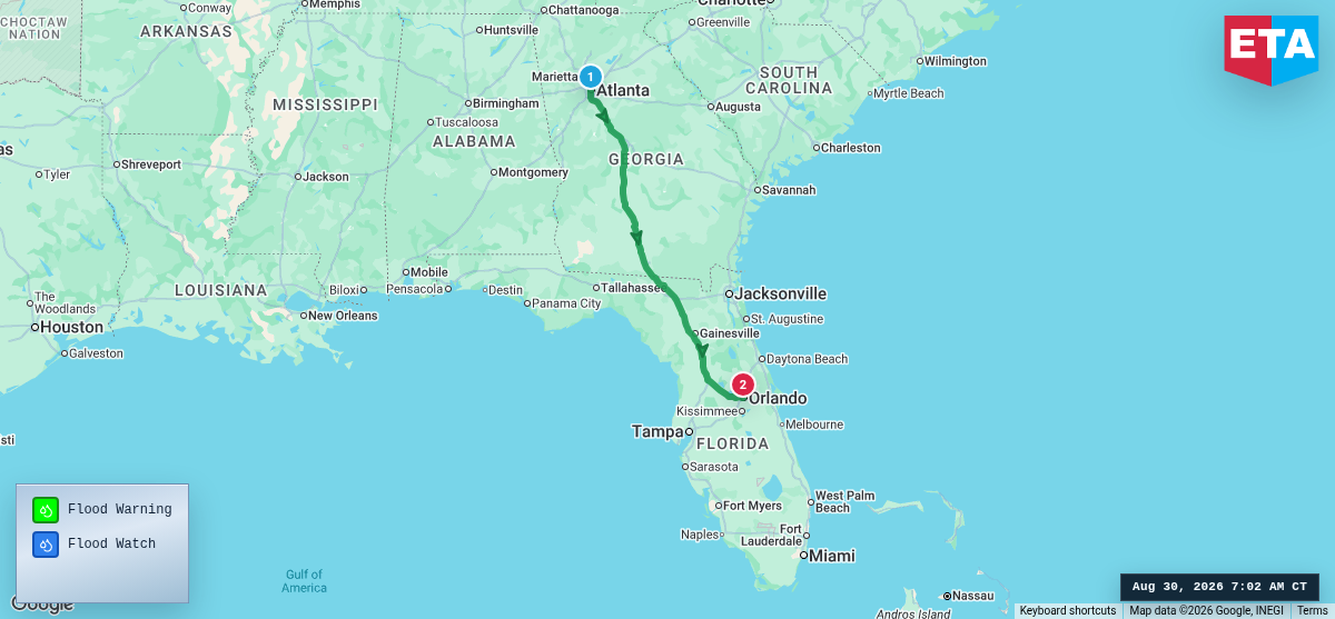 Route map for Atlanta, GA → Orlando, FL