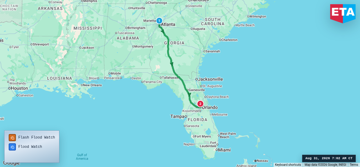 Route map for Atlanta, GA → Orlando, FL