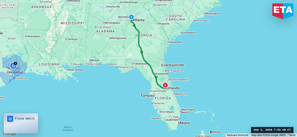 Route map for Atlanta, GA → Orlando, FL