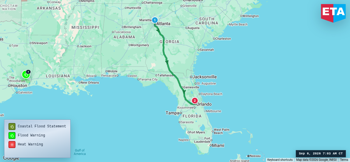 Route map for Atlanta, GA → Orlando, FL