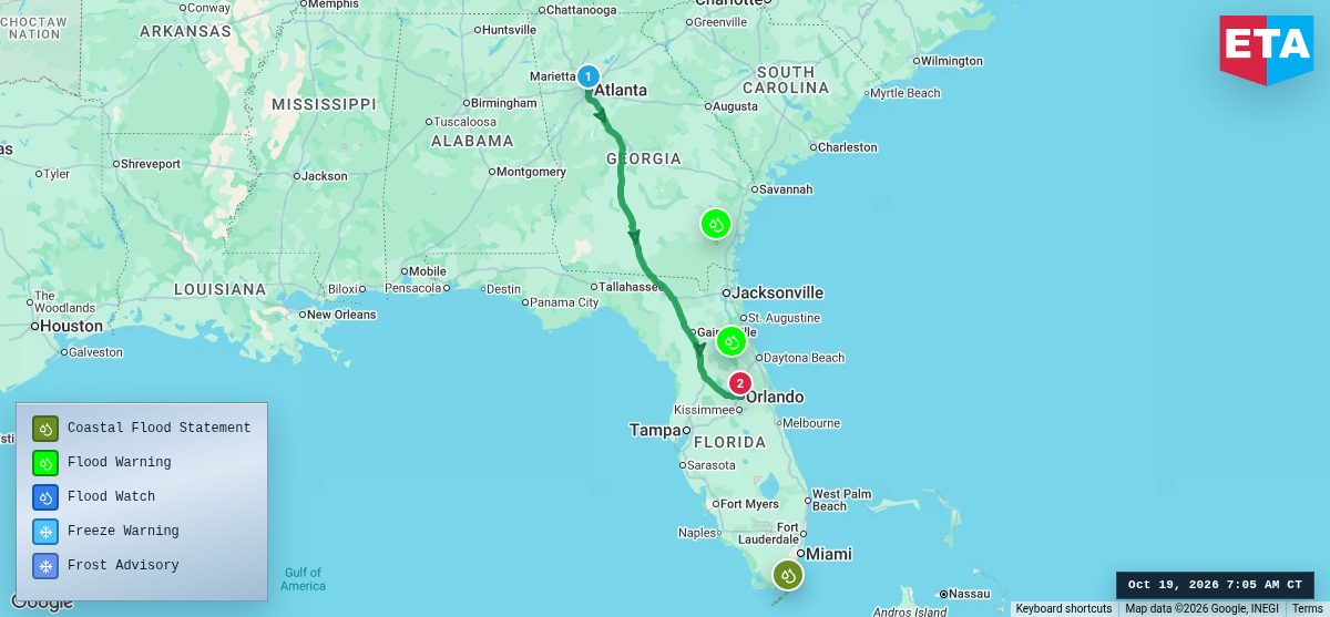 Route map for Atlanta, GA → Orlando, FL