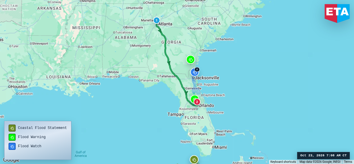Route map for Atlanta, GA → Orlando, FL