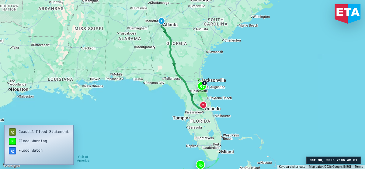 Route map for Atlanta, GA → Orlando, FL