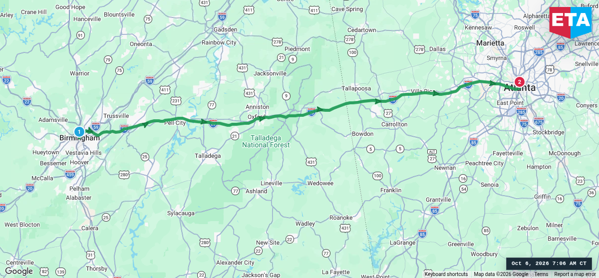 Route map for Birmingham, AL → Atlanta, GA