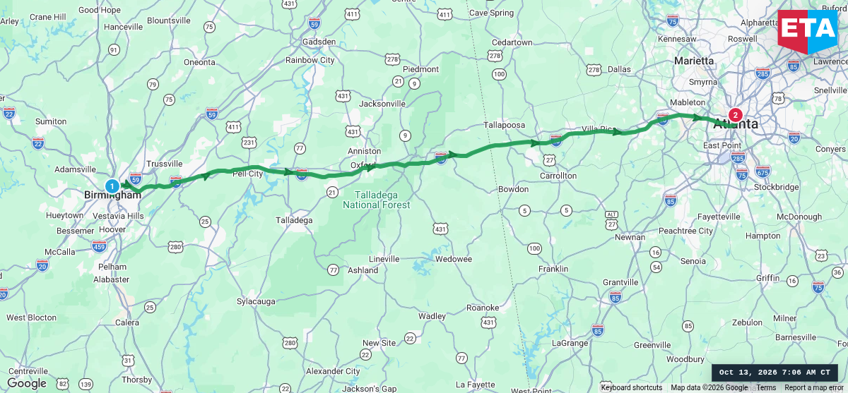 Route map for Birmingham, AL → Atlanta, GA