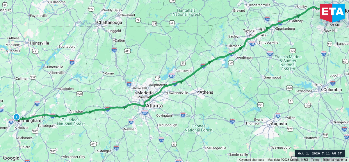 Route map for Birmingham, AL → Charlotte, NC