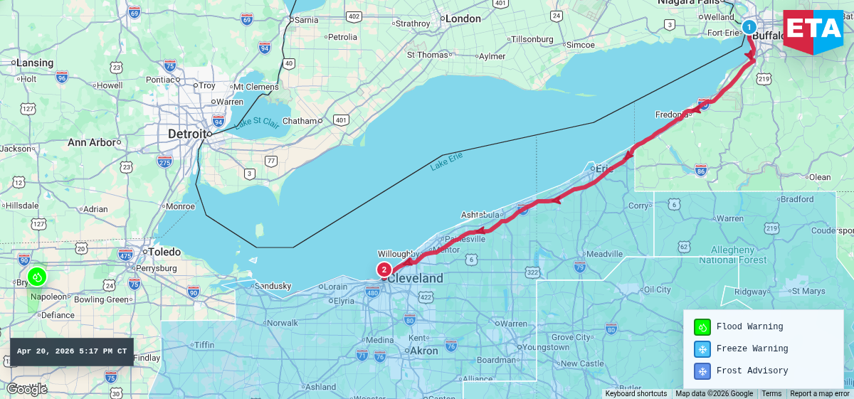 Route map for Buffalo, NY → Cleveland, OH