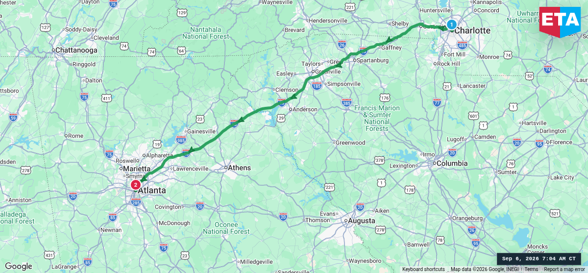 Route map for Charlotte, NC → Atlanta, GA