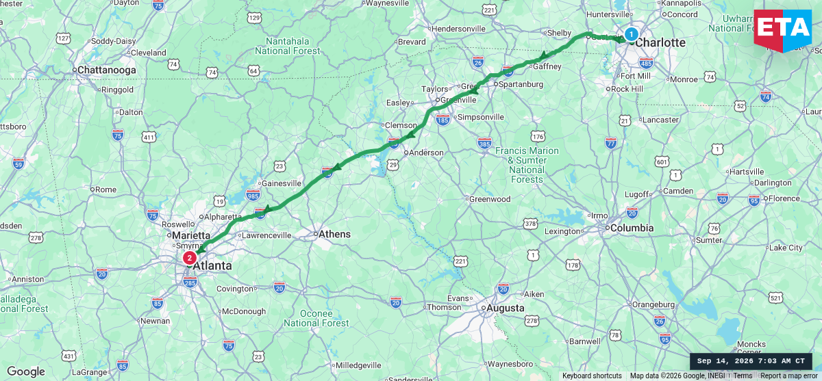 Route map for Charlotte, NC → Atlanta, GA