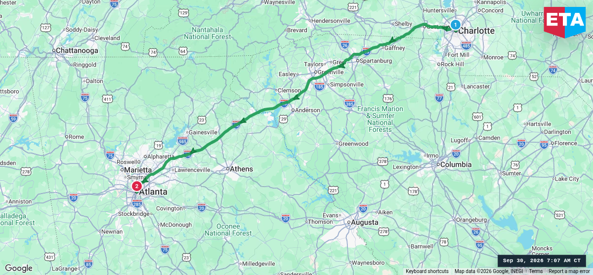 Route map for Charlotte, NC → Atlanta, GA