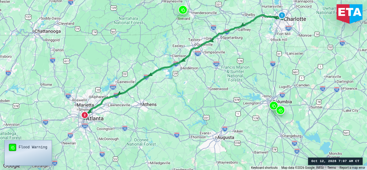 Route map for Charlotte, NC → Atlanta, GA