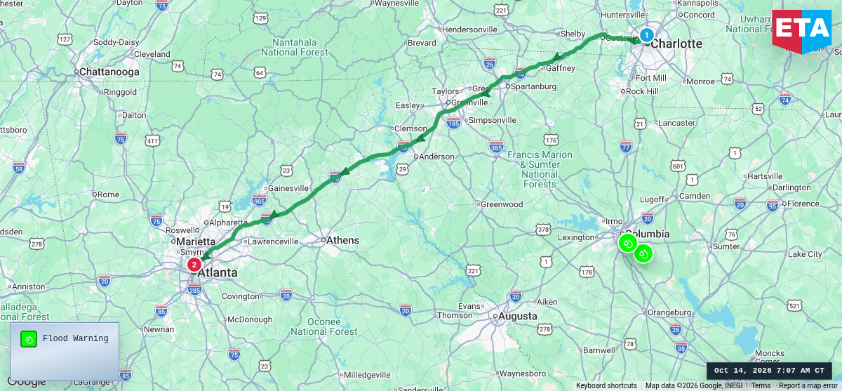 Route map for Charlotte, NC → Atlanta, GA