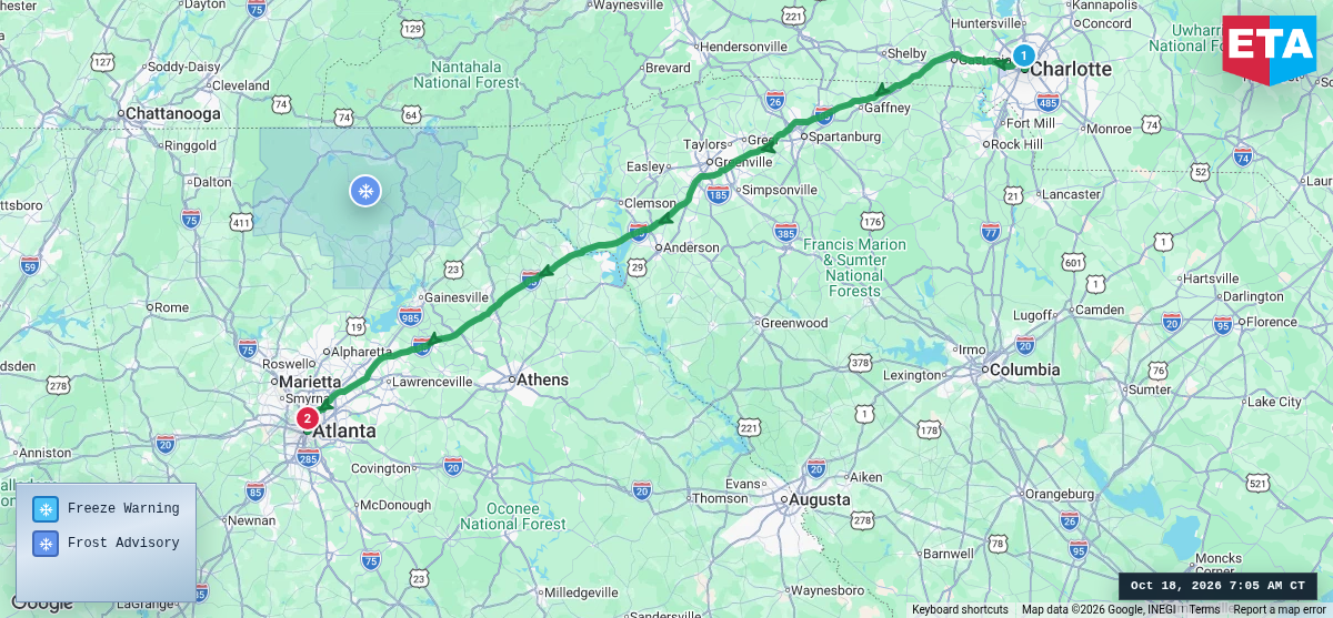 Route map for Charlotte, NC → Atlanta, GA