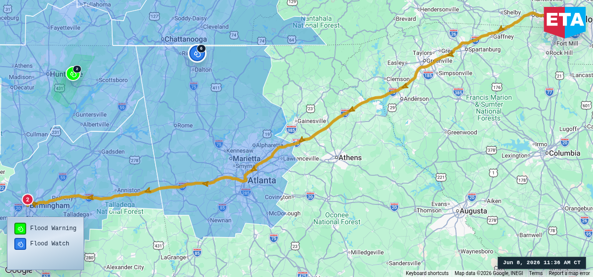 Route map for Charlotte, NC → Birmingham, AL