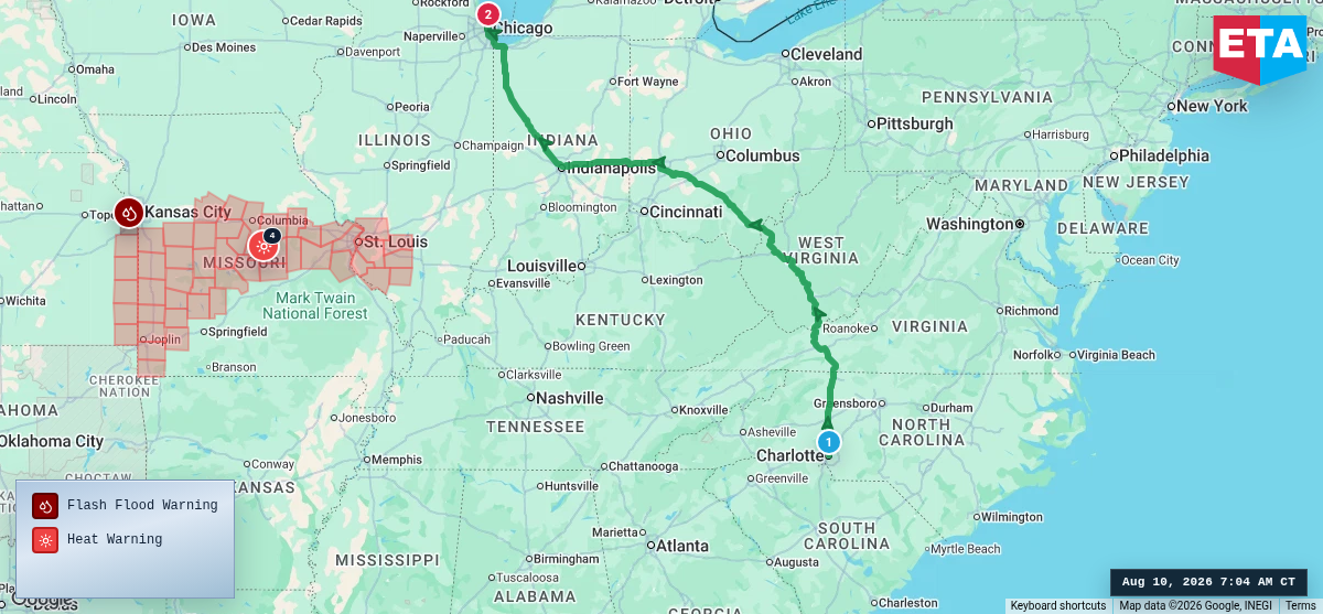 Route map for Charlotte, NC → Chicago, IL