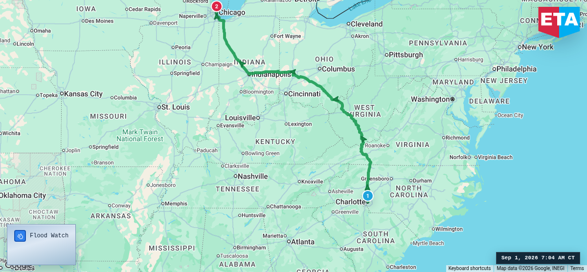 Route map for Charlotte, NC → Chicago, IL