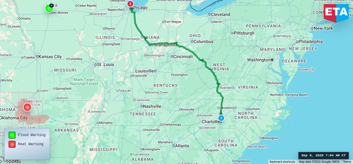 Route map for Charlotte, NC → Chicago, IL