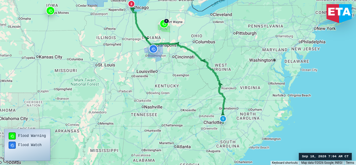 Route map for Charlotte, NC → Chicago, IL