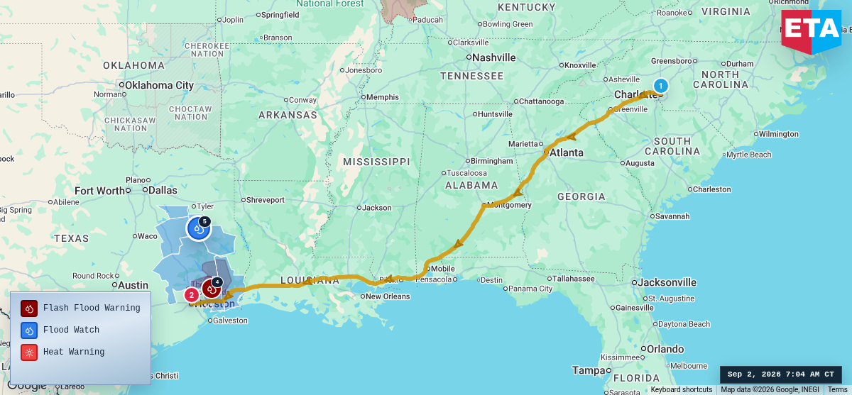 Route map for Charlotte, NC → Houston, TX