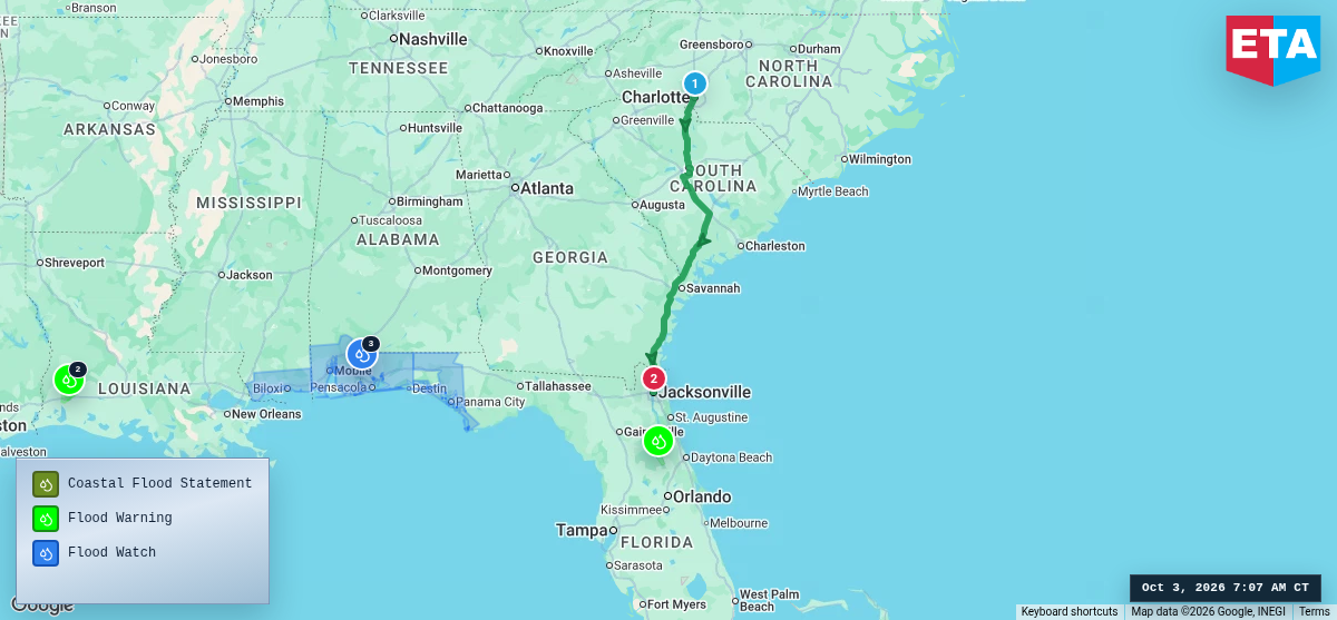 Route map for Charlotte, NC → Jacksonville, FL