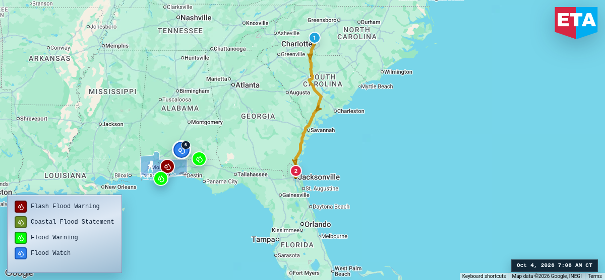 Route map for Charlotte, NC → Jacksonville, FL